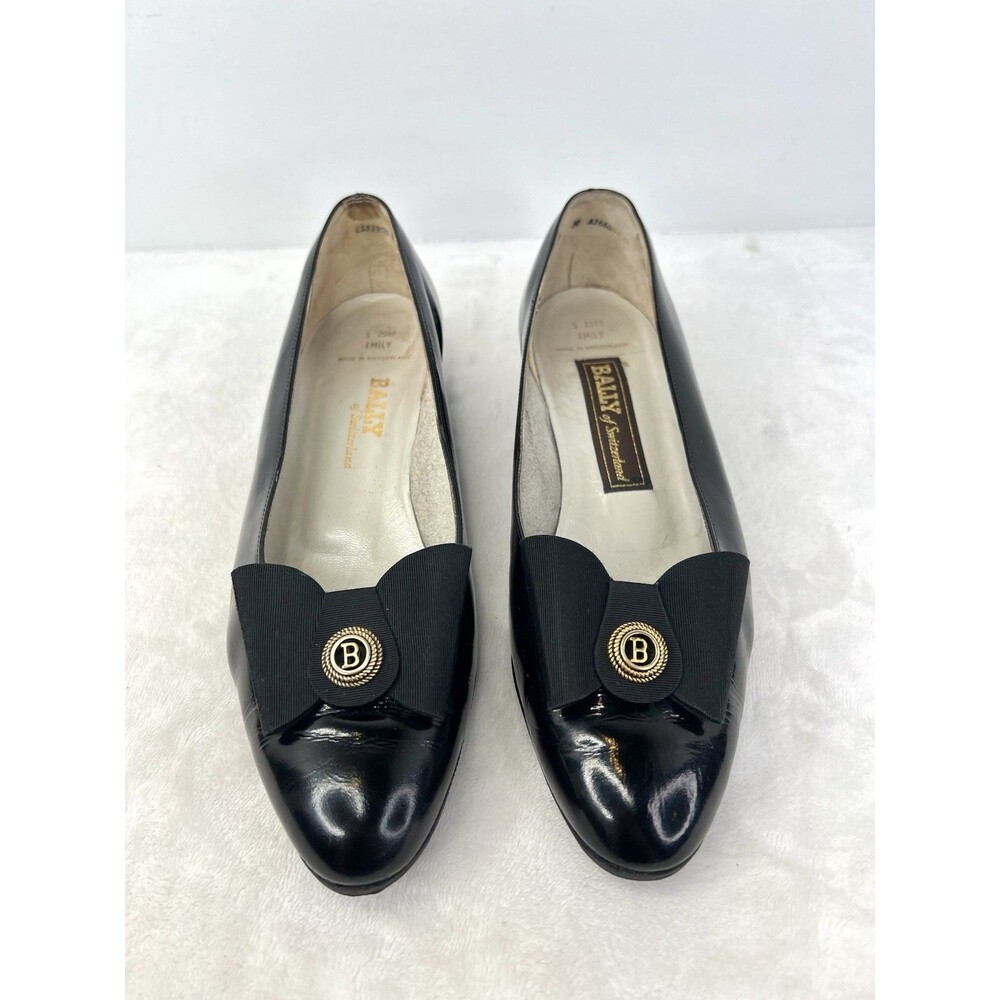 Vtg Bally of Switzerland Black Bow Pumps Low Heel Flats Shoes Black Womens 9 M